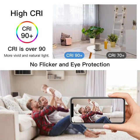 Room with high CRI lighting, showing vivid colors. Person holding phone displaying clear image, no flicker, eye protection emphasized.