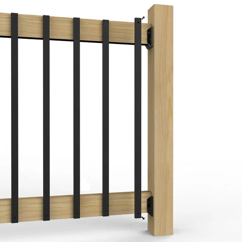 101 Pack Stainless Steel Deck Balusters 36-Inch Black Side Mount Railing With End Caps and Screws against wood post