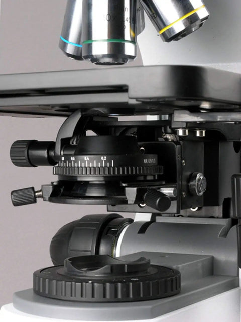 Episcopic And Diascopic Trinocular Metallurgical Microscope With Infinity Plan Achromatic Optics Nine Magnification Settings Up To 2500X 100W Halogen Illumination For Epi And Transmitted Light Pro Grade Lab Tool For Materials Analysis, close-up of objectives and stage