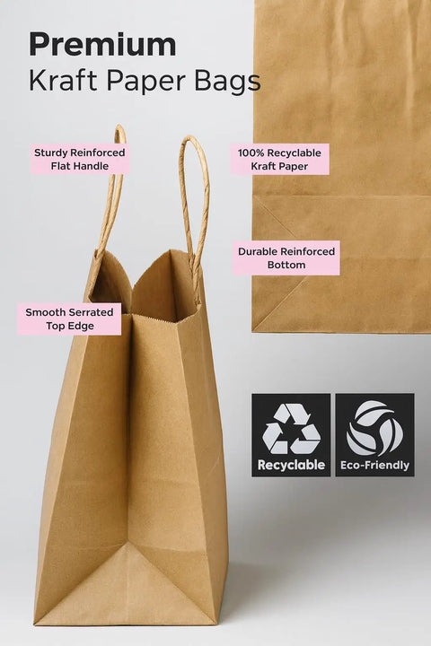 Extra Large Kraft Paper Bags With Handles 14x10x16 Inches Pack Of 200 Heavy Duty Brown Shopping Bags showing reinforced handles.