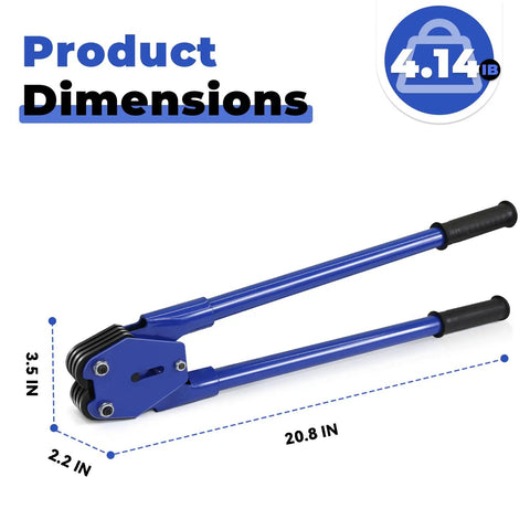 No Fuss Heavy Duty Manual Strapping Sealer Crimper for 5 8 Inch PP or PET Bands dimensions shown in blue and black design.