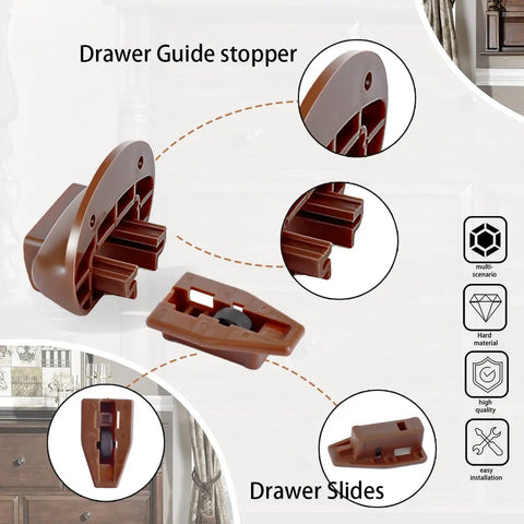 Heavy Duty Brown Plastic Drawer Slide Glides 10 Piece Center Rail Repair Kit Compatible With Vaughan Bassett Legacy Pulaski Dressers, detailed views of guides.