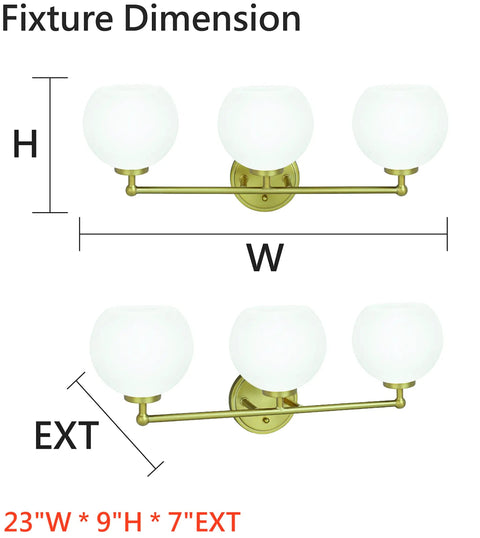 Three Light Gold Finish Vanity Wall Light Fixture With Frosted Glass Shades For Bathrooms 23 Inch Wide Transitional Design UL Listed