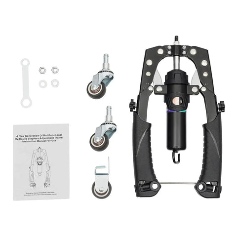 Mymus CoreFlex Twister Pro Hydraulic Chest Press And Ab Roller Wheel Set adjustable parts including hydraulics and wheels.