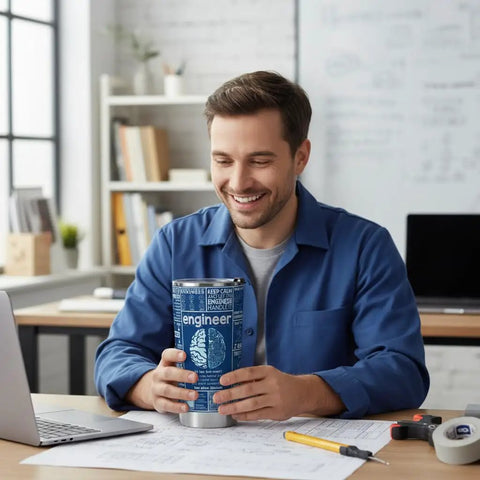 Man in an office holding a 20 Oz Engineer Tumbler With Stainless Steel Insulated Cup For Engineers And Gearheads, Durable Coffee Cup That Keeps Drinks Hot Or Cold, Funny Engineering Gift For Men On Birthday Christmas Graduation Or Retirement.