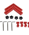 Squared Up 90 Degree Positioning Square Right Angle Splicing Clamp Kit Adjustable Woodworking Corner Fixture Pro Grade Jig For Cabinets Picture Frames No Hassle Setup Red Finish with red ABS blocks and steel rods.