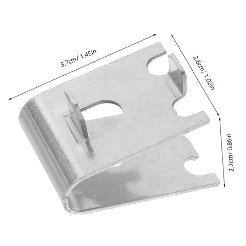 Close-up of Beefy Stainless Steel Refrigerator Shelf Clip with brushed finish showing dimensions for vertical storage.