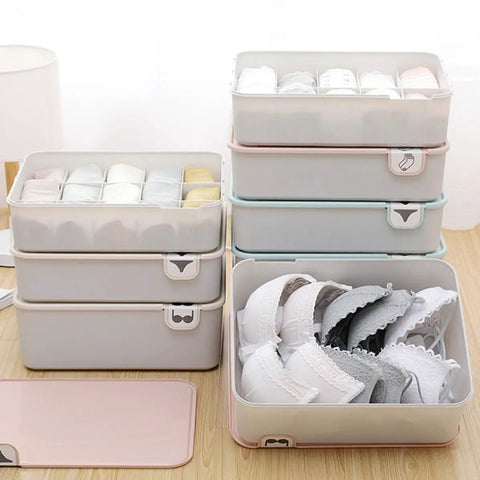 Sweet Hot Pink PP Underwear Storage Bin With Write On Lid, arranged with bras and small items, fits under beds and in drawers.