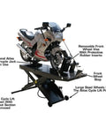 Shop Tough Portable Motorcycle Lift Air Operated Bike Stand 1000 Lb Capacity with motorcycle on diamond plate table.