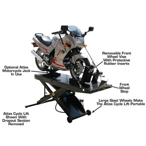 Shop Tough Portable Motorcycle Lift Air Operated Bike Stand 1000 Lb Capacity with motorcycle on diamond plate table.