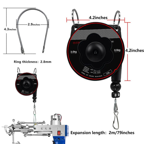 Tufting Gun Kit for Beginners With Cut Pile and Loop Pile Tools, showing dimensions of hanging loop and ergonomic balancer.