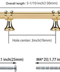 Diagram of Ten Pack Brushed Gold Cabinet Pulls 3 Inch Drawer Handles For Dresser Bathroom Kitchen Closet with measurements.
