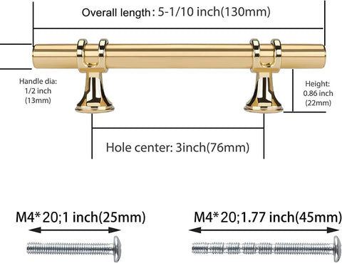 Diagram of Ten Pack Brushed Gold Cabinet Pulls 3 Inch Drawer Handles For Dresser Bathroom Kitchen Closet with measurements.