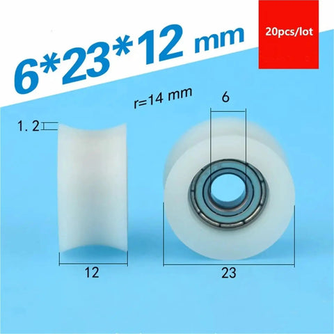 20 Pcs U Groove Plastic Coated Bearings With 696ZZ Design Perfect For Door Windows And 3D Printers Featuring Durable Pom Material Plus Corrosion Protection To Keep Things Smooth And Running Like a Dream Without Much Maintenance Needed Every Time You Spin. 6x23x12mm bearing measurements with a smooth white plastic finish.