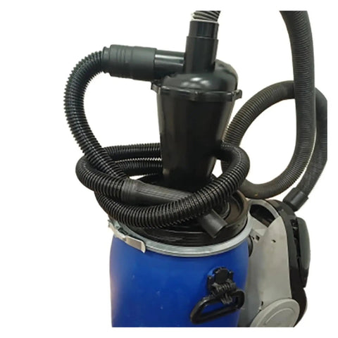 Cyclone Vacuum Filter Separator With Flange Turbo Dust Collector attached to blue drum for industrial and home woodworking vacuums