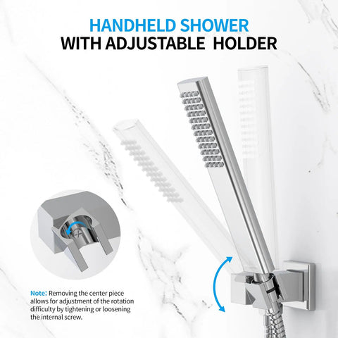 10 Inch High Pressure Wall Mounted Square Shower System With Handheld And Valve Chrome Polished Finish Rain Shower Head Long 71 Inch Hose 16 Inch Shower Arm 360 Degree Holder Easy Install. Adjustable handheld shower holder detail.