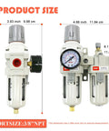 3/8 NPT Air Filter Regulator Lubricator Combo Piggyback Unit with size dimensions and gauge, 0-150 PSI, dual unit for clean compressed air