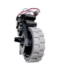 Side view of L+R wheel assembly for Ecovacs Omni Turbo vacuums; black housing with gray cog wheel and wiring.
