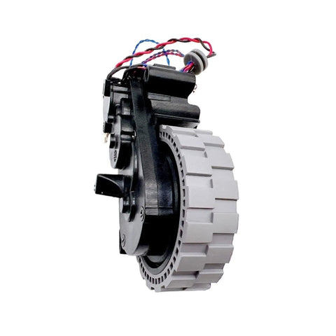 Side view of L+R wheel assembly for Ecovacs Omni Turbo vacuums; black housing with gray cog wheel and wiring.