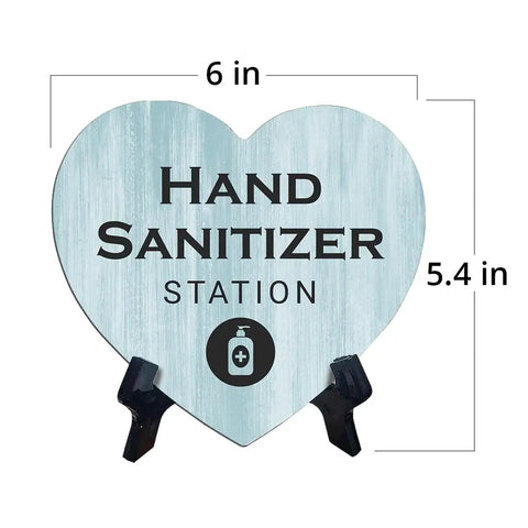 Heart Shape Hand Sanitizer Station Sign With Sturdy Black Easel Stand 6X5 Inch Wood Finish Tabletop Counter Decor For Beauty Salon Retail Shop Or Home Office Keep Your Setup Fresh And Looking Dope Day One, showing dimensions 6x5.4 inches.