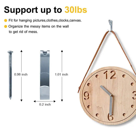 Picture Hanging Kit With 100 Hangers And 120 Nails Holds Up To 30 Lbs Each Easy Install For Wood Or Drywall A Breeze For Home Or Office Organization Sturdy Reliable Wall Mounts For Frames And Decor shown with nail, hook, and hanging clock.