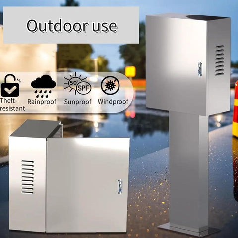 Rock Solid Steel EV Charger Pedestal Box With Keyed Lock And Weatherproof Lid For Outside Installations, stainless build, outdoor use.