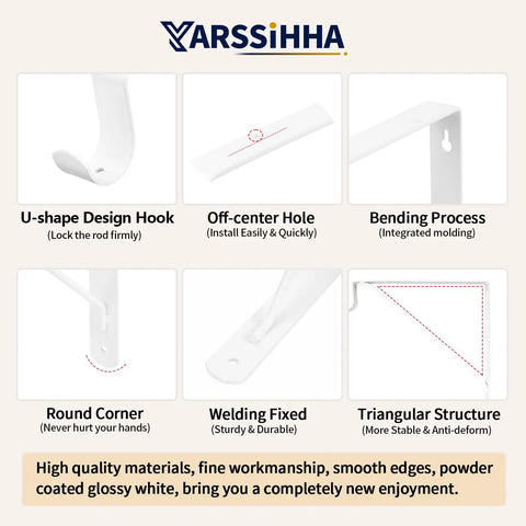 Heavy Duty Wall Mounted Closet Rod Brackets 2 Pack 12 By 10.4 Inch Steel Supports Takes The Load Like A Pro No Sweat Setup Works Like A Charm With Every Screw Included In Crisp White image showing U-shape design hook and off-center hole features.