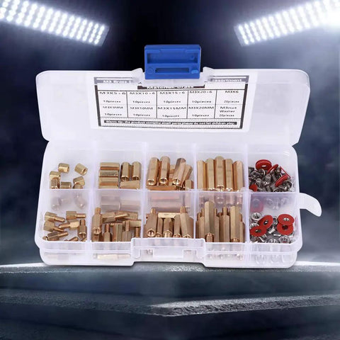 Easy Install M3 Brass Spacer Screws Washers Nut Kit For Circuit Board Mounting, Durable Brass Hex Posts For Electronics DIY, Computer Boards And Connectors, Perfect Replacement Upgrade For Aging Parts. M3 brass spacer kit in storage case, assorted posts and screws