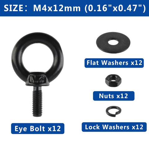 Pro Grade M4 Stainless Steel Eye Bolts With Hex Nuts And Washers 12 Piece Badass Lifting Eyebolt Kit, including eye bolts, nuts, washers.
