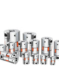 Heavy Duty Aluminum Shaft Coupler With Jaw Spider Design Clamping Motor Encoder Adapter 16mm To 45mm displayed in various sizes.