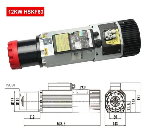 Close-up of 12KW HSK63 motorized spindle component with diagram, part of Air Cooled CNC Engraving Machine With Automatic Tool Changing Motorized Spindle Heavy Duty Power For Metal CNC Machining 9.0KW 12KW 380V HSK63 Ready For Industrial Use.
