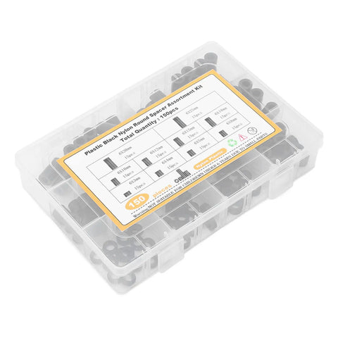 Pro Grade Nylon Spacer Assortment Kit With Heat And Wear Resistance For Electronics And DIY Projects, Lightweight Storage Helpers, Includes Multiple Sizes For Tight, Secure Mounts And Cushioning. clear plastic case with 150 black nylon spacers, assorted sizes for electronics and DIY