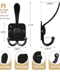 Wall Mounted Metal 3 Prong Coat Hooks Set With Self Adhesive And Screw Mount Dual Installation Options For Door Or Wall Black Finish 4 Pack DIY Friendly Entryway Hanger Hooks, dimensions labeled