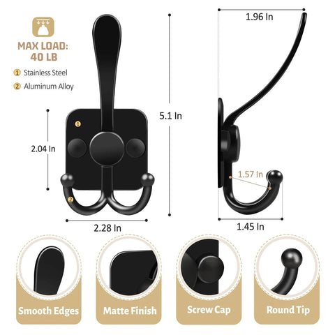 Wall Mounted Metal 3 Prong Coat Hooks Set With Self Adhesive And Screw Mount Dual Installation Options For Door Or Wall Black Finish 4 Pack DIY Friendly Entryway Hanger Hooks, dimensions labeled