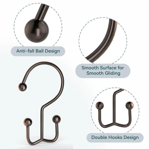 12 Pack Bronze Shower Curtain Rings Heavy Duty Rust Proof Anti Corrosion Metal Hooks With Double Glide For Curtain And Liner Smooth Sliding Durable Bathroom Curtain Rings showing anti-fall ball and double hook design
