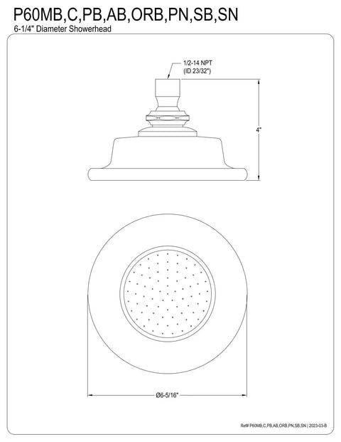 Technical drawing of Six And A Quarter Inch Round Raindrop Ceramic Shower Head With Polished Chrome Finish 76 Jet Rainfall Spray
