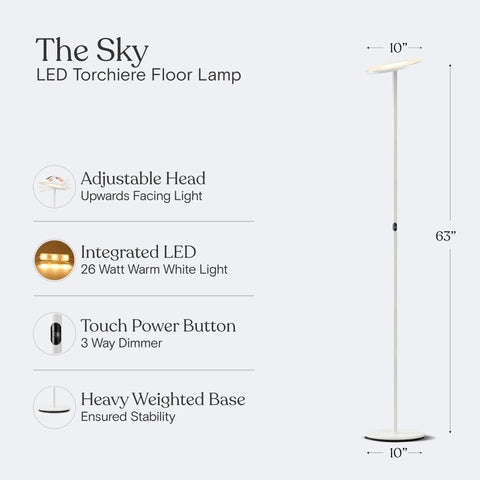 Sky LED Floor Lamp Torchiere Lit And Super Bright Dimmable Tall Standing Lamp dimensions and features overview.