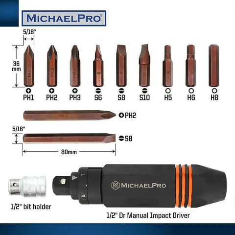 Heavy Duty 1/2 Inch Drive Impact Driver Set With 11 Bits And 1/2 Inch Bit Holder, Six Sided Enhanced Non Slip Grip