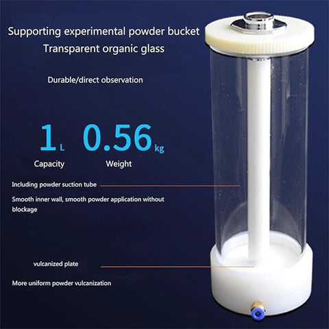 Digital Display Electrostatic Powder Spray Kit Featuring Foot Switch Gun And Adjustable Voltage For Automotive Primer And Paint Straight Up Reliable Pro Shop Coating Setup. Transparent 1L powder bucket with suction tube.