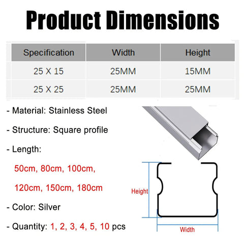 Durable Stainless Steel Cable Trunking Kit for Hidden Cables Wide 10 to 50mm 50 to 180cm Long dimensions and specifications