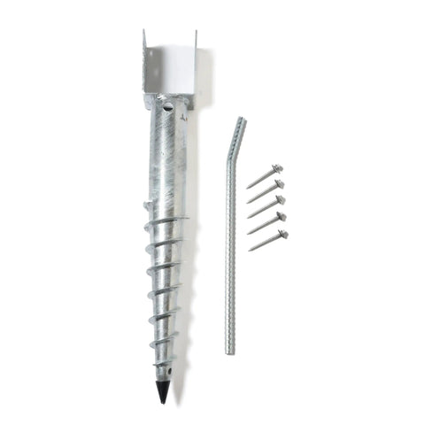 U Model Ground Screw Anchor for 4x4 Posts, 27 inch, screws and tool shown