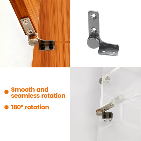 Wealrit flip damper hinge, 304 stainless steel, 2-pack with screws for cabinets and boxes, front/side/close-up/installed