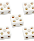 Five white ceramic 2-way terminal blocks with brass screws for 25A 380V electrical wiring.