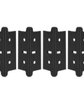 Four black steel Built Tough Post Coupling Connector For Steel Shelving Posts Fits Up To 1.25 Inches Wide in a row.