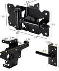 Self Closing Gate Hinge And Latch Kit For Wooden And Vinyl Fence Gates, Easy Install, Durable Weatherproof Self Locking Gate Latch, Fits Outdoor Fences Like Pool Gates And Barn Doors, Smooth Quiet Operation. Black steel hinge and latch set with dimensions