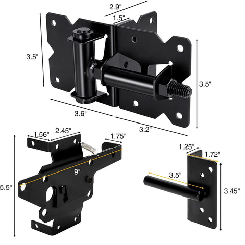 Self Closing Gate Hinge And Latch Kit For Wooden And Vinyl Fence Gates, Easy Install, Durable Weatherproof Self Locking Gate Latch, Fits Outdoor Fences Like Pool Gates And Barn Doors, Smooth Quiet Operation. Black steel hinge and latch set with dimensions