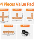 Layout of 1/2 Inch Drip Irrigation Fittings Kit with 34 pieces, including crosses, tees, elbows, couplings, and plugs.