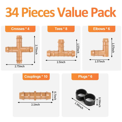 Layout of 1/2 Inch Drip Irrigation Fittings Kit with 34 pieces, including crosses, tees, elbows, couplings, and plugs.