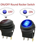 On and off view of Five Pack 12V Round Waterproof Rocker Switches with Blue LED On Off SPST 3 Pin 20cm Detachable Wires