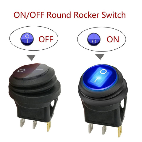 On and off view of Five Pack 12V Round Waterproof Rocker Switches with Blue LED On Off SPST 3 Pin 20cm Detachable Wires